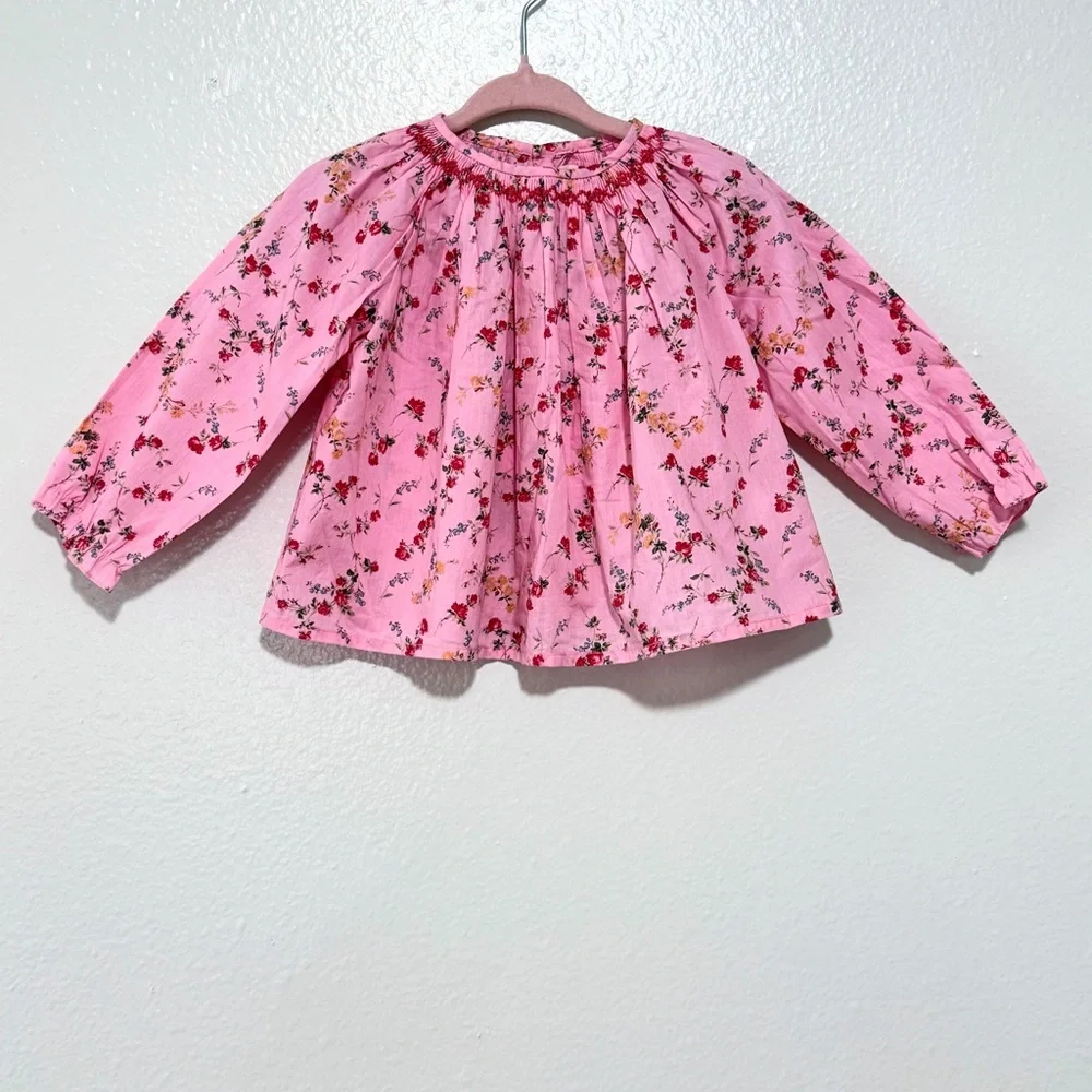 Bonpoint Pink Floral Smocked Long-Sleeve Blouse